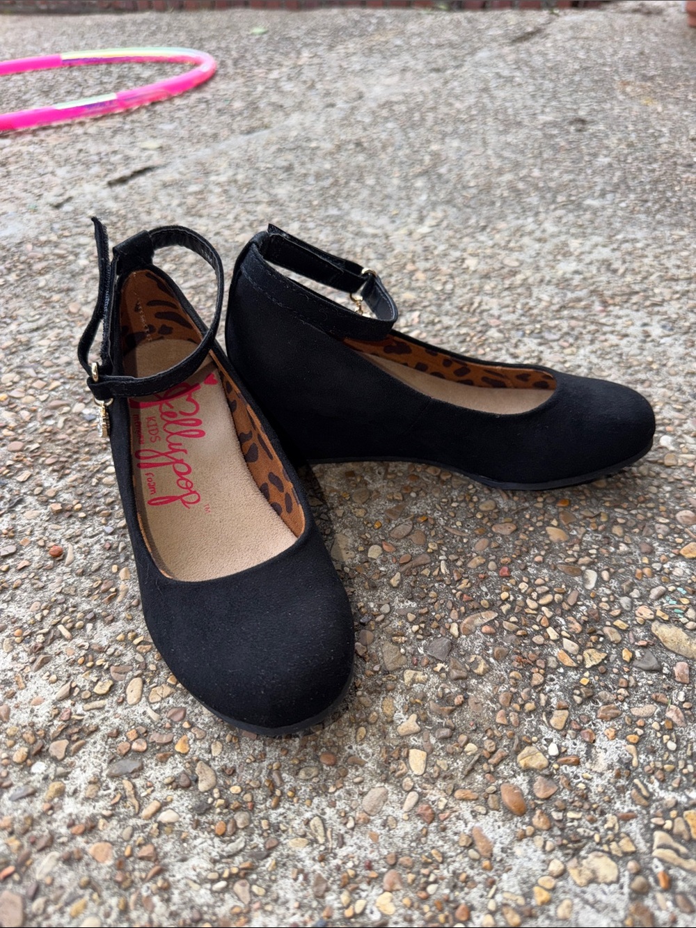 Jellypop Black Ankle-Strap Wedge Pumps Bling Heart Charm Girl Sz 13 New
